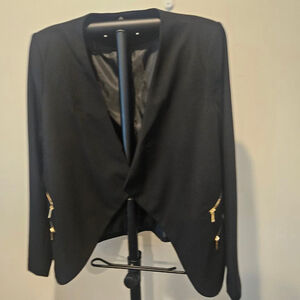 Calvin Klein Women's Black Asymmetrical Blazer, Gold Zippers Detail, Size 10